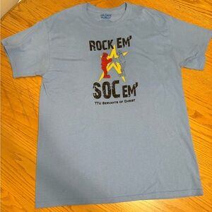 Gildan DryBlend Light Blue Rock Em' Soc Em' Men's Tee TTU Servants of Christ